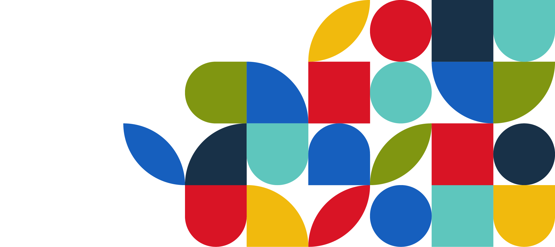 An assortment of shapes ranging from circles to squares and everything in between. These shapes are a number of different colours including red, blue, dark blue, yellow and turquoise
