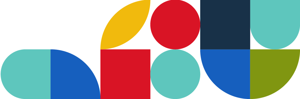 An handful of shapes ranging from circles to squares and everything in between. These shapes are a number of different colours including red, blue, dark blue, yellow and turquoise